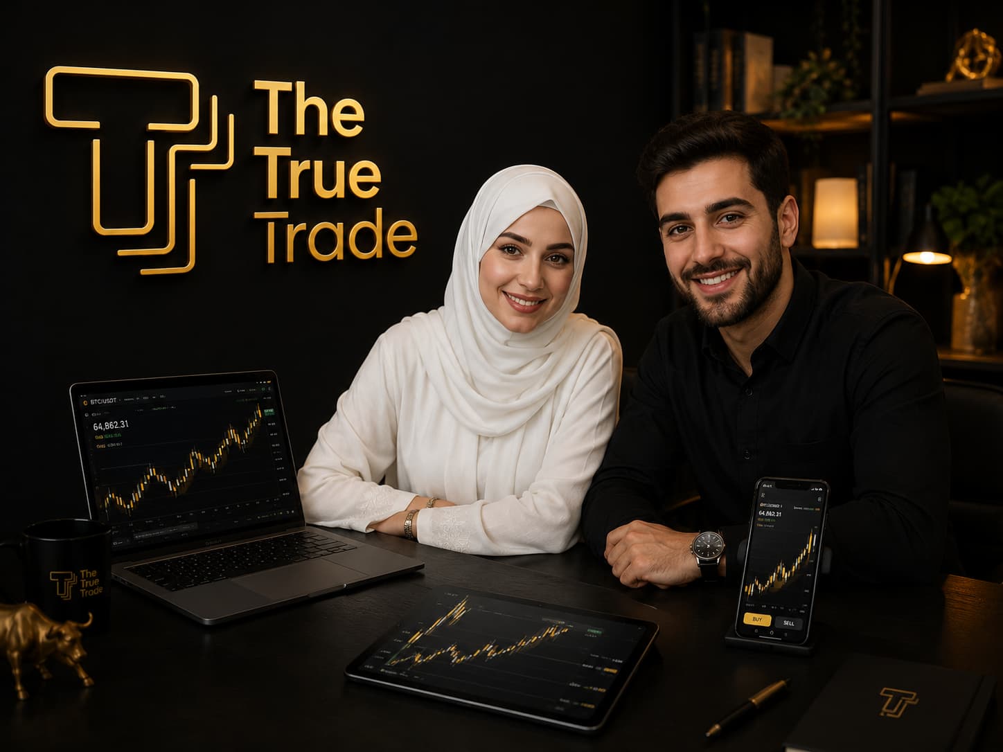  Happy traders using laptop, tablet, and smartphone with The True Trade logo in a professional trading workspace. 